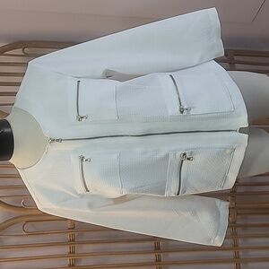 Bob Mackey Wearable Art white waffle pattern cropped jacket size medium 4 pocket